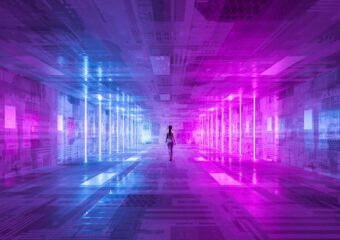 Digital image of a businesswoman walking along a futuristic corridor, lit in purple and blue.