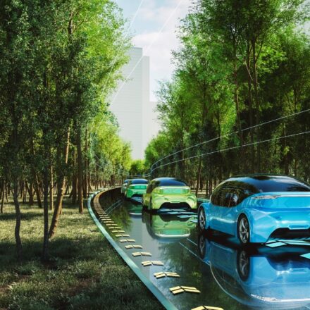 Concept art of autonomous vehicles on the road.