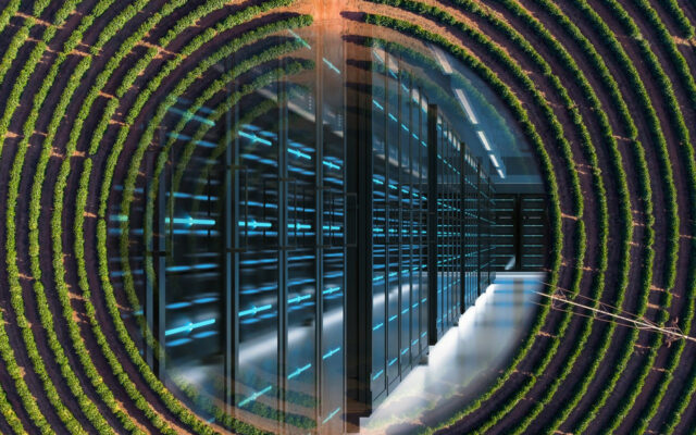 Data Center image combined with an image of crops planted in a circular rows, representing sustainability.
