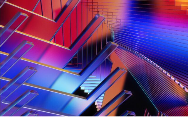 Abstract image of glass positioned in various shapes and angles, with red, light orange, and blue colors.