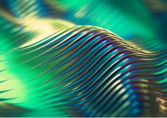 3D digital rendering of light reflecting off a wavy background, creating green, gold, and purple colors.