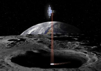 Artist illustration of the Lunar Flashlight’s lasers scanning a shaded lunar crater for the presence of ice.