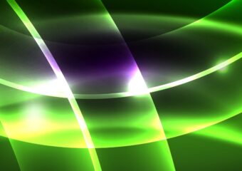 Green waves in an abstract design with splash of purple in the upper center.