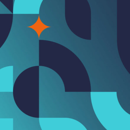 Abstract design elements in teal, dark blue, and sea green, with an orange diamond shape near top left corner.