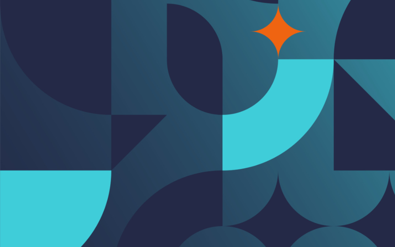 Abstract design elements in teal, dark blue, and sea green, with an orange diamond shape near top right corner.
