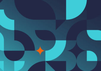 Abstract design elements in teal, dark blue, and sea green, with an orange diamond shape near lower left corner.