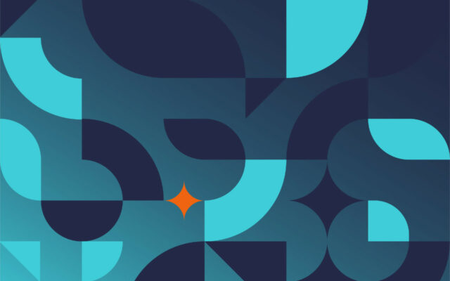 Abstract design elements in teal, dark blue, and sea green, with an orange diamond shape near lower left corner.