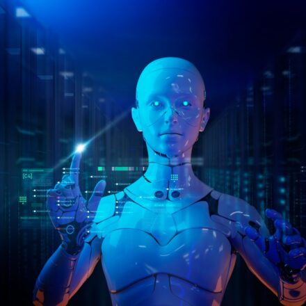 Digitally rendered image of a humanoid shaped robot using artificial intelligence to process assigned tasks, in a futuristic hi-tech environment.