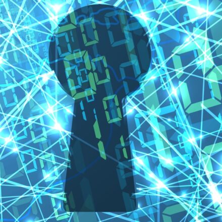 Digital image of a keyhole silhouette over a light blue background that shows series of data connections and binary code in green, representing cybersecurity.