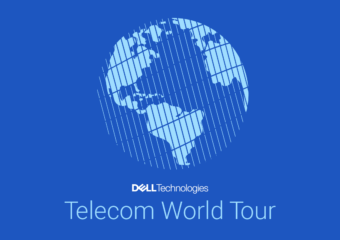Digital graphic of Earth, showing the Americas, Atlantic Ocean, western Africa and western Europe against a blue background with Dell Technologies logo and Telecom World Tour below it.