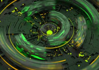 3D rendering of a glowing green futuristic circular shape with motion blur.