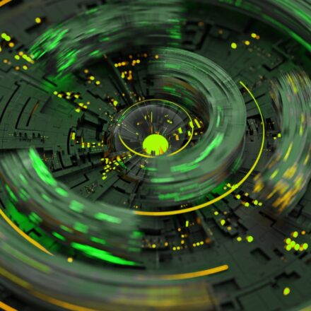 3D rendering of a glowing green futuristic circular shape with motion blur.