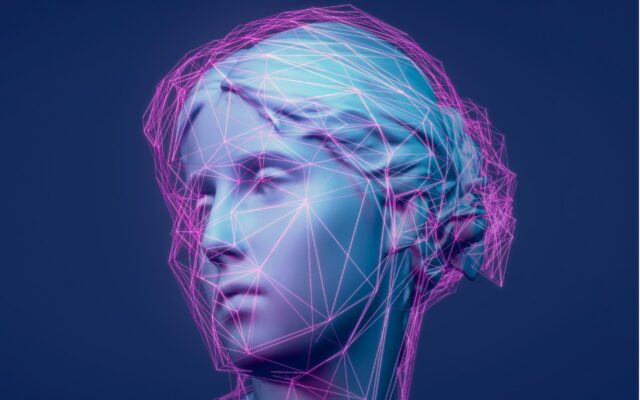Digital rendering of classic sculpture using AI tools, against a blue background.