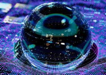 Digitally generated image of a sphere reflecting images off its surface with a purple and blue binary background underneath it.