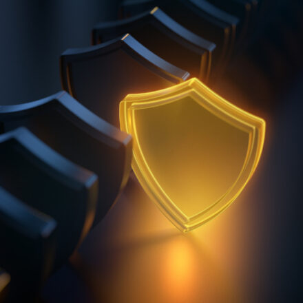 Digital image of a gold security shield standing out from line of other charcoal gray security shields.