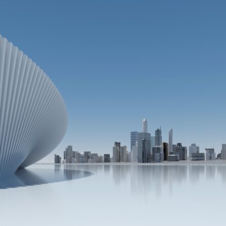 Digitally generated image of a virtual city skyline, with a silver ground surface and a blue skyline.