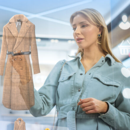 Young Caucasian woman views a coat in an Augmented Reality (AR) format in a store.