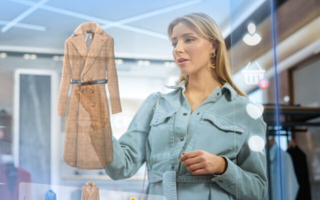 Young Caucasian woman views a coat in an Augmented Reality (AR) format in a store.